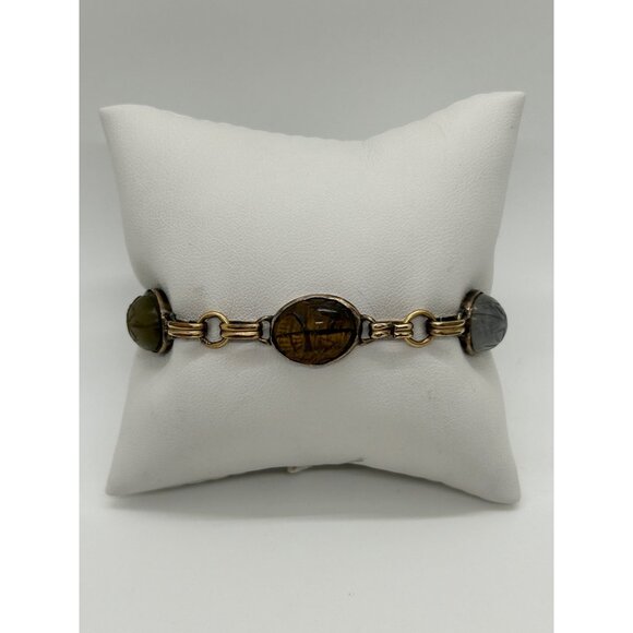 Egyptian Revival 1920s-30s Scarab Bracelet With Carved Natural Stones & Gold-Ton - Picture 6 of 16